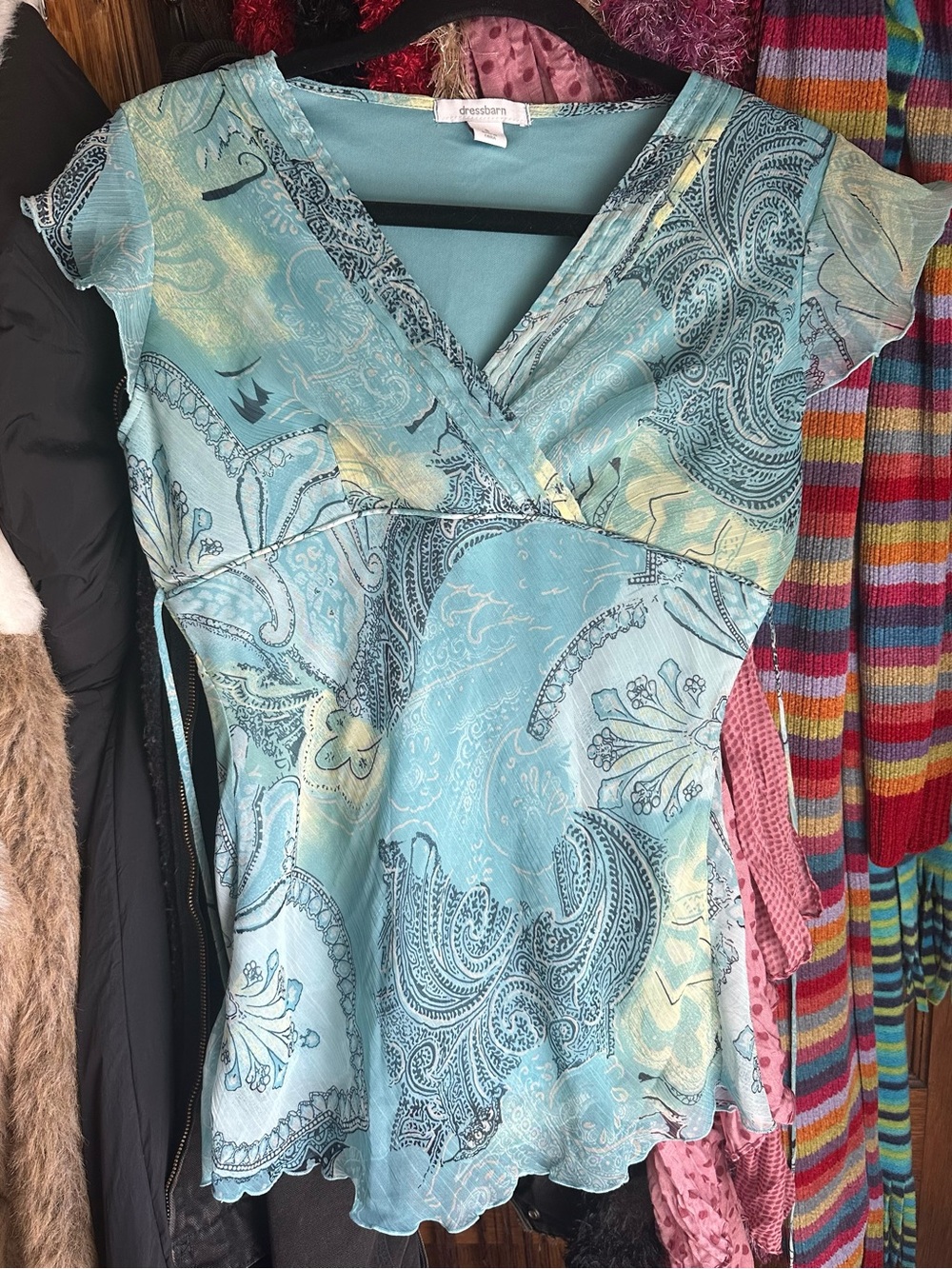 dressbarn Aqua Paisley Wrap V-Neck Top